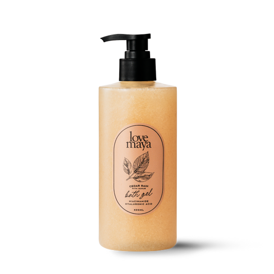 Bottle of Love Maya Cedar Rain Bath Gel with Scrub on a transparent background