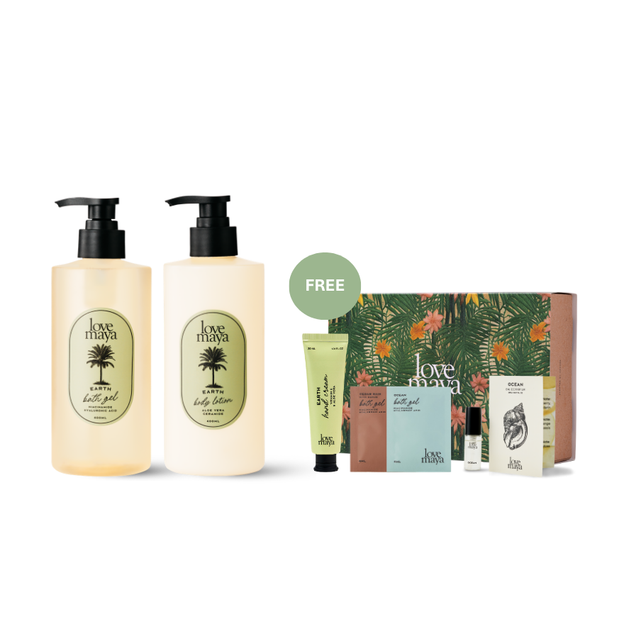 Love Maya Hydrating Earth Bath Gel, Earth Body Lotion, with free gifts of one 30ML Earth Hand Cream, one 4ML Ocean Bath Gel Sachet, one 4ML Cedar Rain Bath Gel Sachet, one 2ML Ocean Mini Perfume, and one Floral Gift Box.