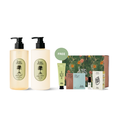 Love Maya Hydrating Earth Bath Gel, Earth Body Lotion, with free gifts of one 30ML Earth Hand Cream, one 4ML Ocean Bath Gel Sachet, one 4ML Cedar Rain Bath Gel Sachet, one 2ML Ocean Mini Perfume, and one Floral Gift Box.