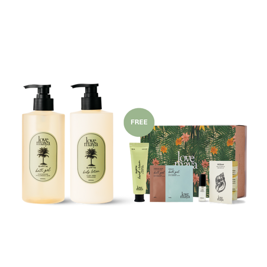 Love Maya Hydrating Earth Bath Gel, Earth Body Lotion, with free gifts of one 30ML Earth Hand Cream, one 4ML Ocean Bath Gel Sachet, one 4ML Cedar Rain Bath Gel Sachet, one 2ML Ocean Mini Perfume, and one Floral Gift Box.