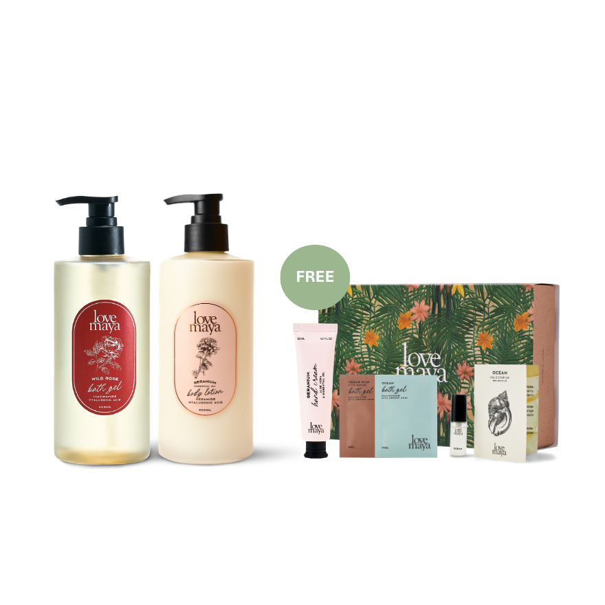 Love Maya Hydrating Wild Rose Bath Gel, Geranium Body Lotion, with free gifts of one 30ML Geranium Hand Cream, one 4ML Ocean Bath Gel Sachet, one 4ML Cedar Rain Bath Gel Sachet, one 2ML Ocean Mini Perfume, and one Floral Gift Box.