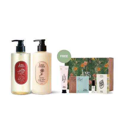Love Maya Hydrating Wild Rose Bath Gel, Geranium Body Lotion, with free gifts of one 30ML Geranium Hand Cream, one 4ML Ocean Bath Gel Sachet, one 4ML Cedar Rain Bath Gel Sachet, one 2ML Ocean Mini Perfume, and one Floral Gift Box.