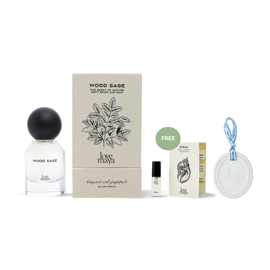 Love Maya Wood Sage perfume set with box, 2ML Ocean Mini Perfume, and a perfume stone on a white background