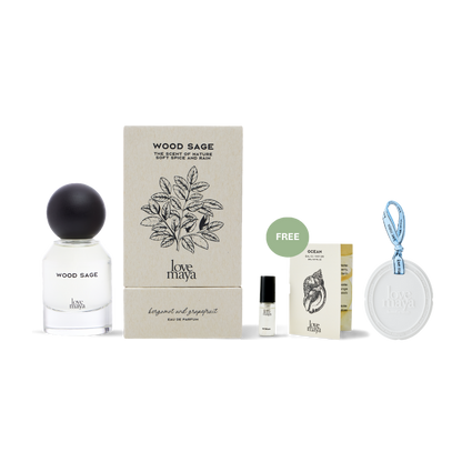 Love Maya Wood Sage perfume set with box, 2ML Ocean Mini Perfume, and a perfume stone on a white background