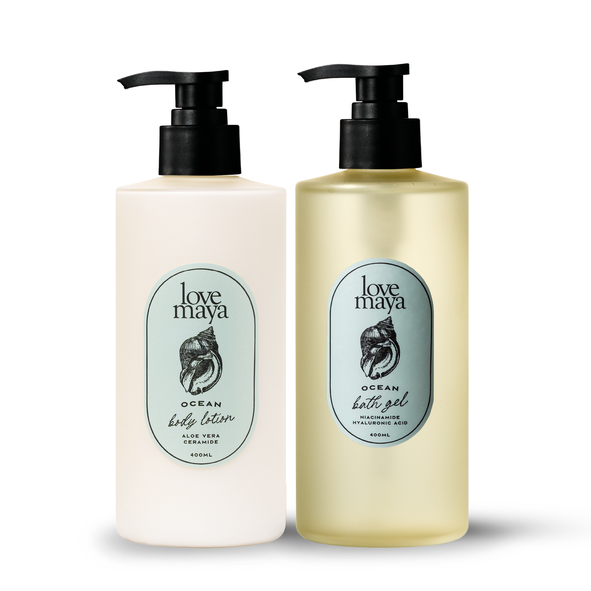 Two bottles of Love Maya Ocean body lotion and bath gel on a white background