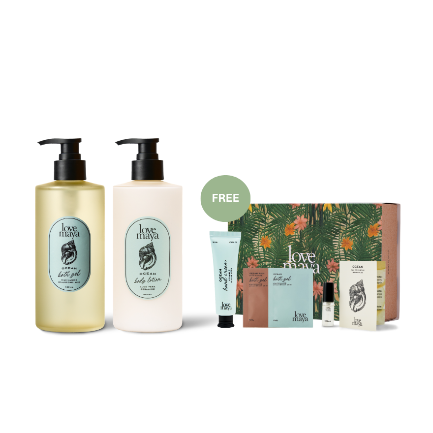 Love Maya Hydrating Ocean Bath Gel, Ocean Body Lotion, with free gifts of one 30ML Ocean Hand Cream, one 4ML Ocean Bath Gel Sachet, one 4ML Cedar Rain Bath Gel Sachet, one 2ML Ocean Mini Perfume, and one Floral Gift Box.