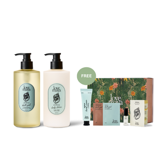 Love Maya Hydrating Ocean Bath Gel, Ocean Body Lotion, with free gifts of one 30ML Ocean Hand Cream, one 4ML Ocean Bath Gel Sachet, one 4ML Cedar Rain Bath Gel Sachet, one 2ML Ocean Mini Perfume, and one Floral Gift Box.