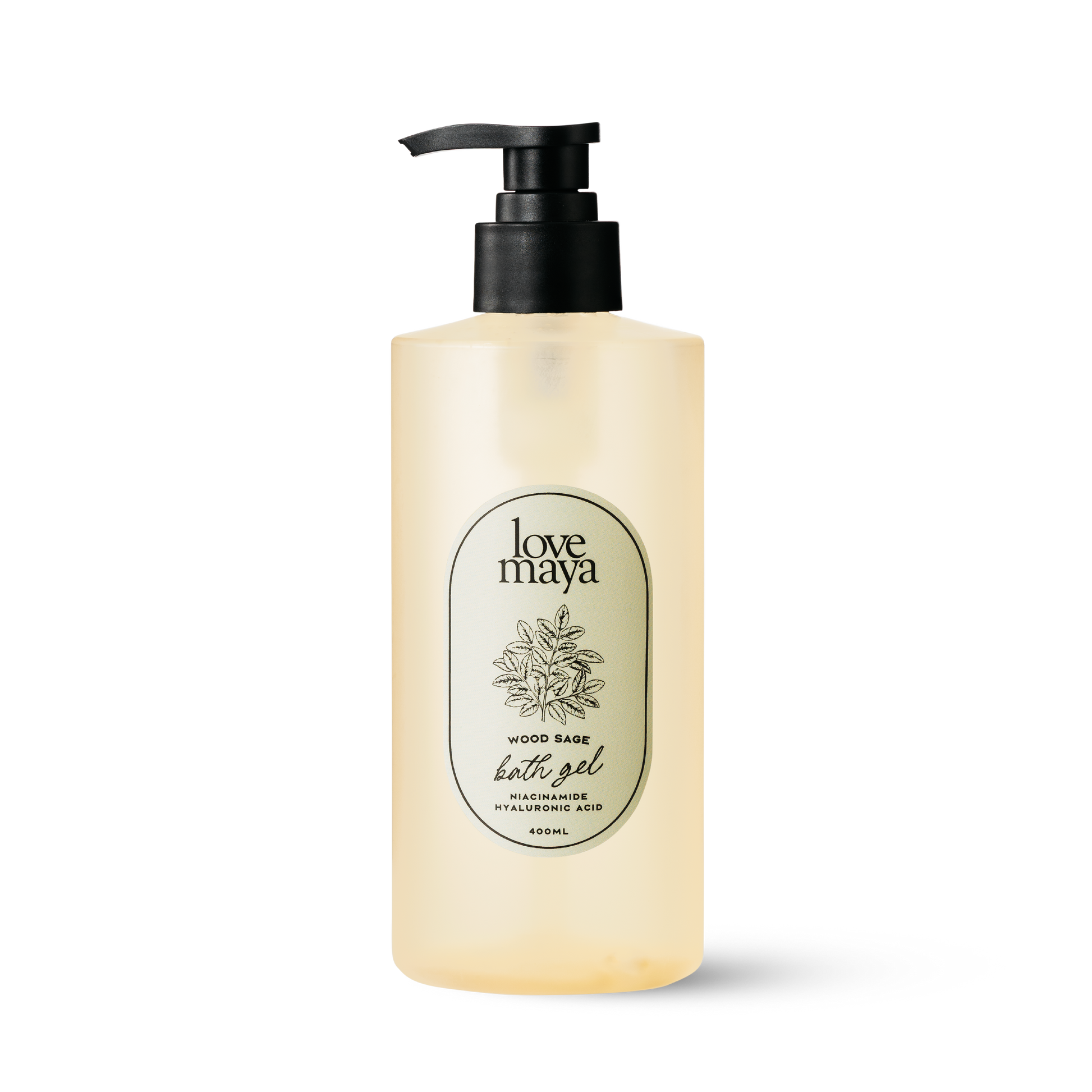 Love Maya Wood Sage Bath Gel bottle on a white background