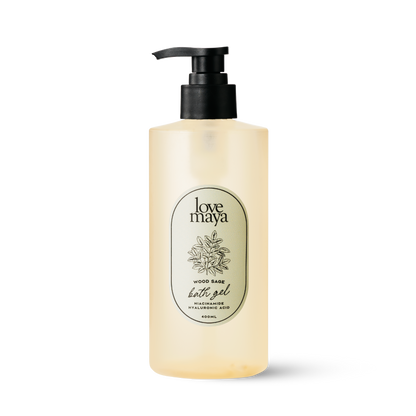 Love Maya Wood Sage Bath Gel bottle on a white background