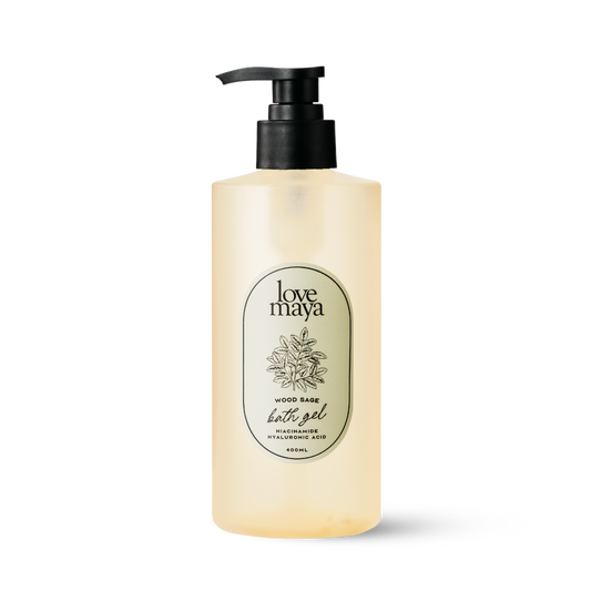 Love Maya Wood Sage Bath Gel bottle on a white background